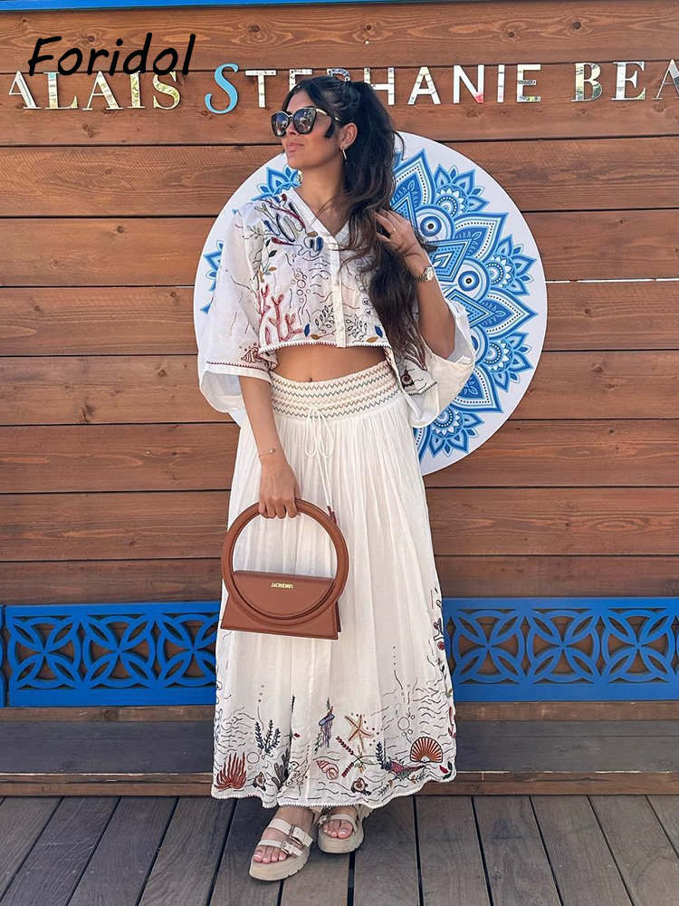 Embroidery Skirt - Foridol-Conjunto maxi saia manga batwing, vestido